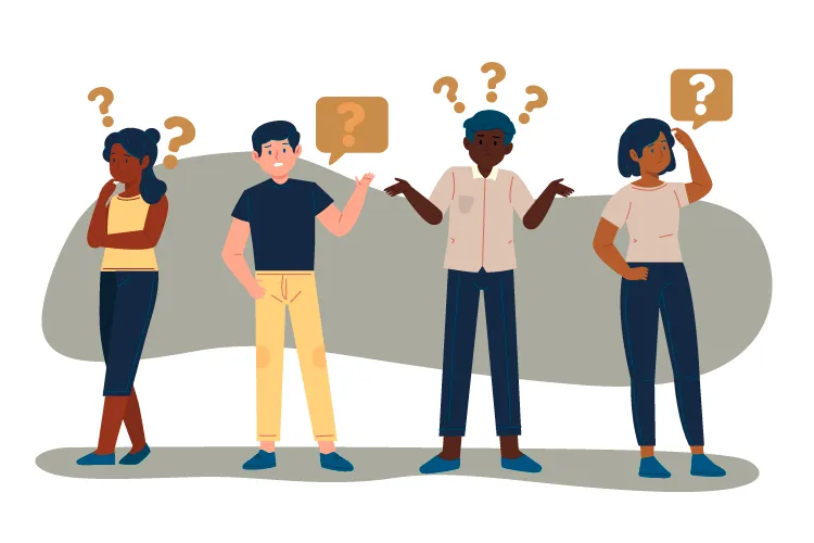 Illustration of four people with puzzled expressions and question marks above their heads, representing common questions patients might have for their dentist.