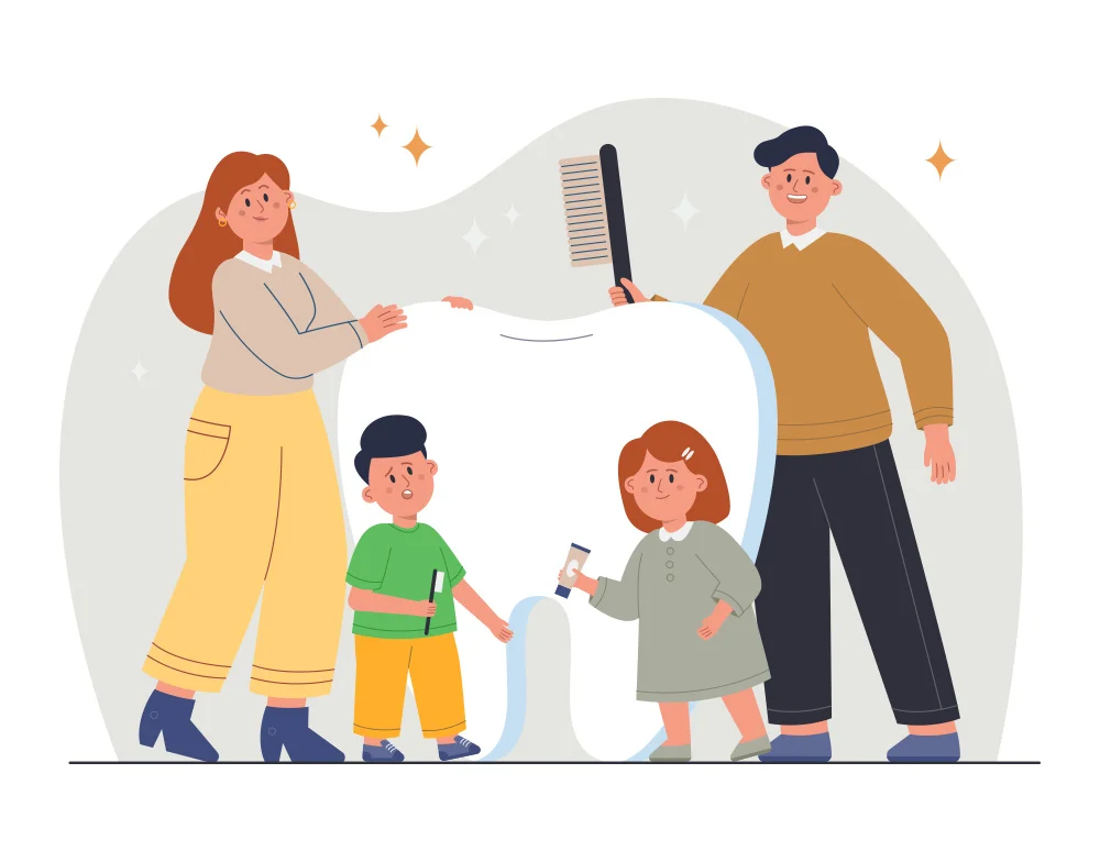 Illustration of a smiling family with two kids brushing a large tooth using oversized dental tools, representing how to make tooth brushing fun and engaging for children.