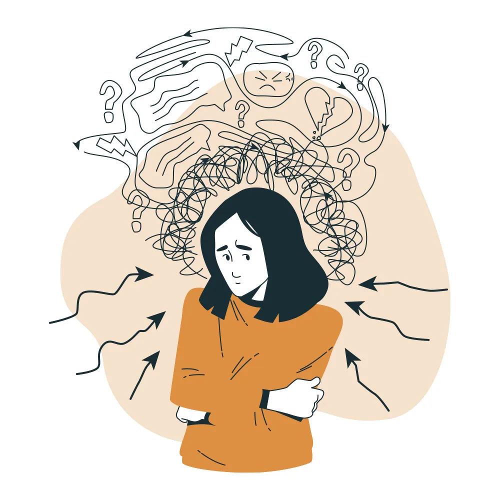 Illustration of a woman experiencing dental anxiety, surrounded by chaotic scribbles, question marks, and stress symbols, representing fear and overwhelm often associated with dental visits.