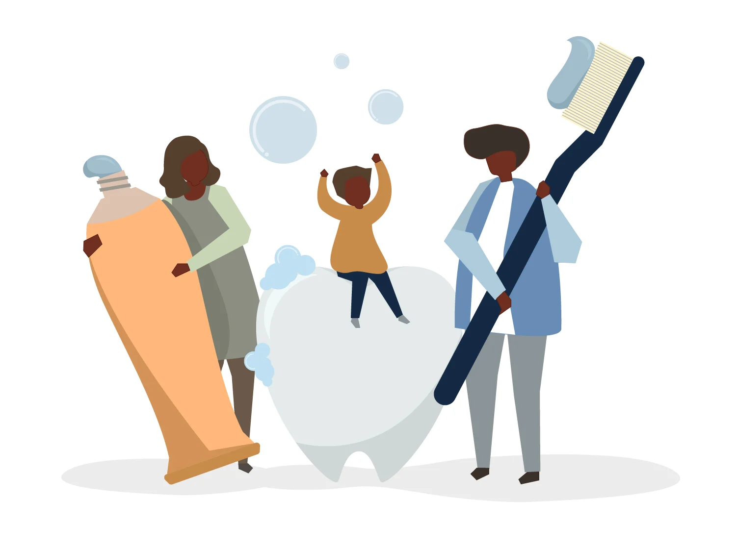 Illustration of a family promoting dental hygiene. A woman holds a large toothpaste tube, a child sits on a giant tooth surrounded by bubbles, and a man holds an oversized toothbrush with toothpaste on it. The image emphasizes family involvement in brushing teeth and maintaining oral health.
