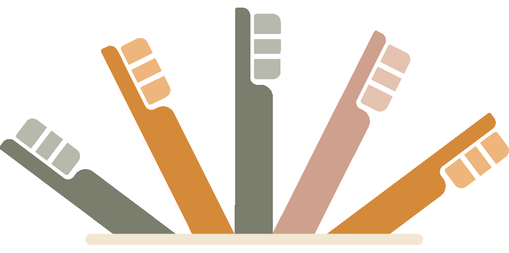 Stylized illustration of five colourful toothbrushes arranged in a fan shape, representing Landmark Dental’s donation of over 500 toothbrushes to the Youth Mental Health Unit at Regina General Hospital.